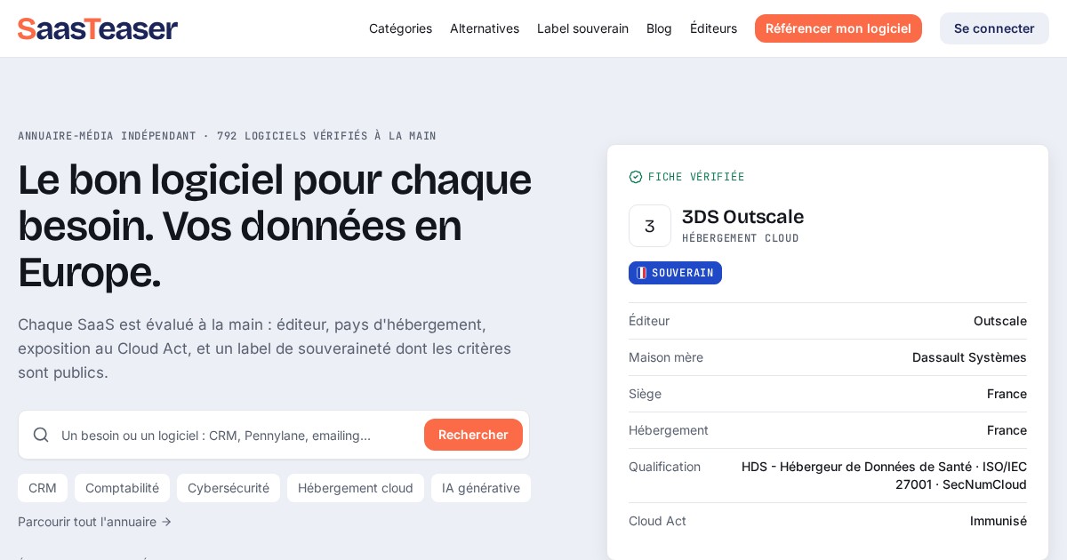 Page d’accueil de SaasTeaser, annuaire SaaS et souveraineté des données